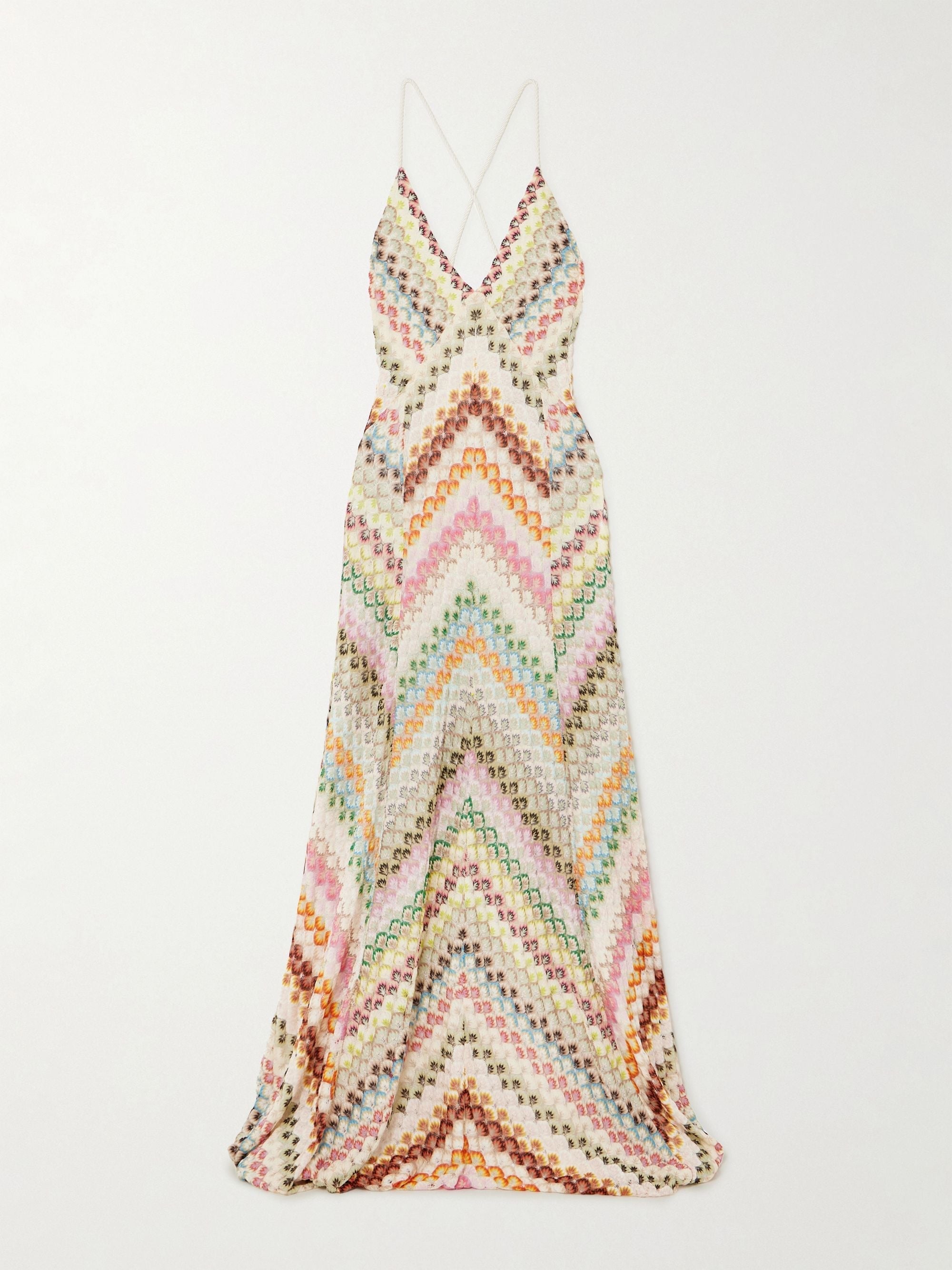 Vestido Maxi de Punto Multicolor con Estampado Espiga y Espalda Abierta
