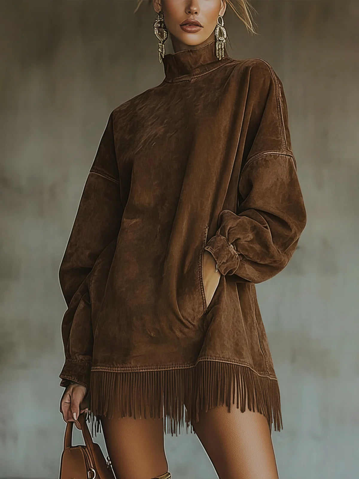 Vestido de cuello alto con flecos