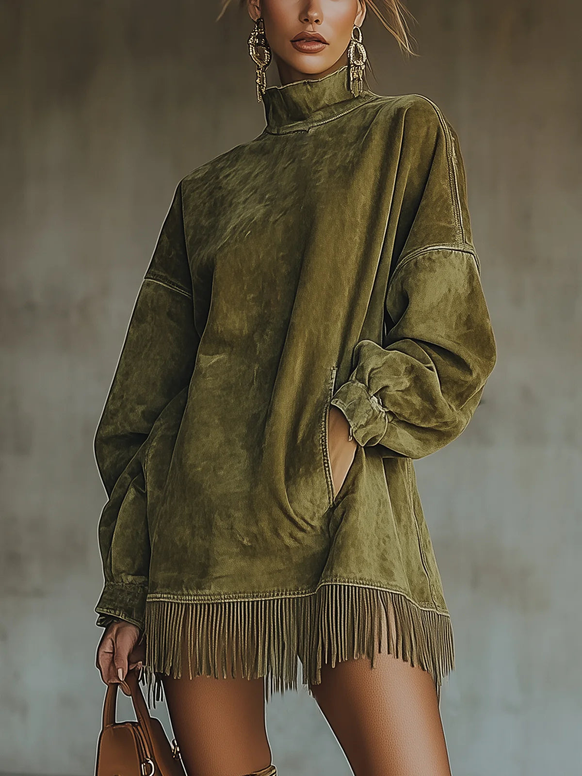 Vestido de cuello alto con flecos