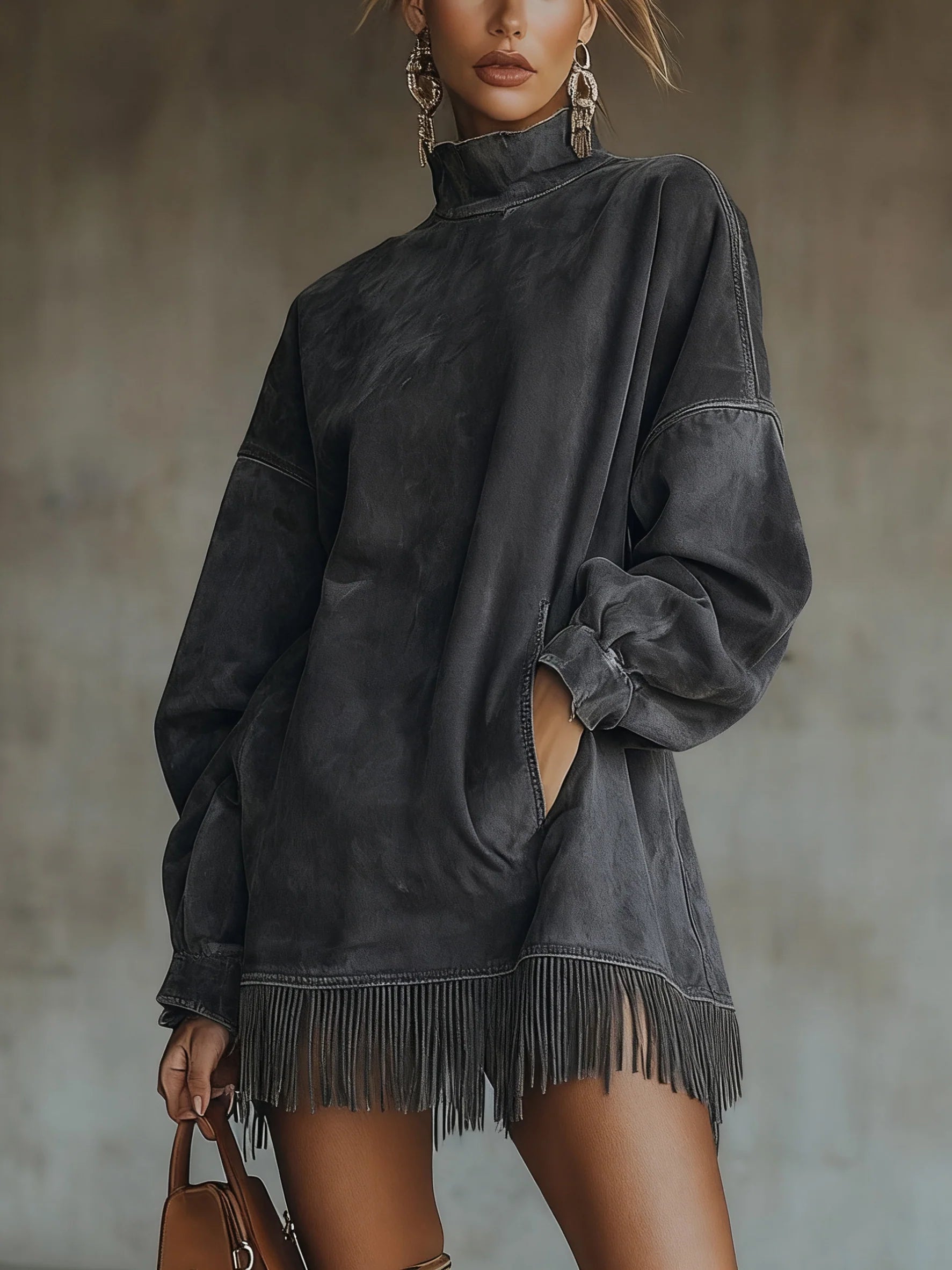 Vestido de cuello alto con flecos