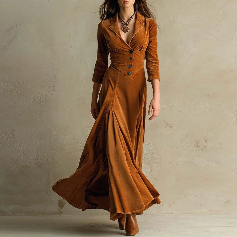 Vestido Largo con Botones y Pliegues
