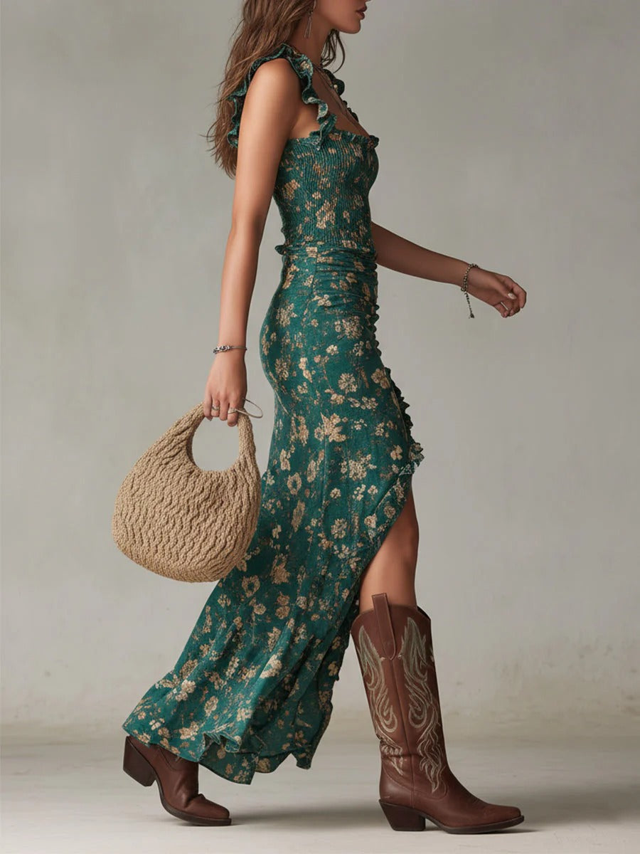 Lora | Vestido maxi boho retro con mangas fluidas y abertura lateral