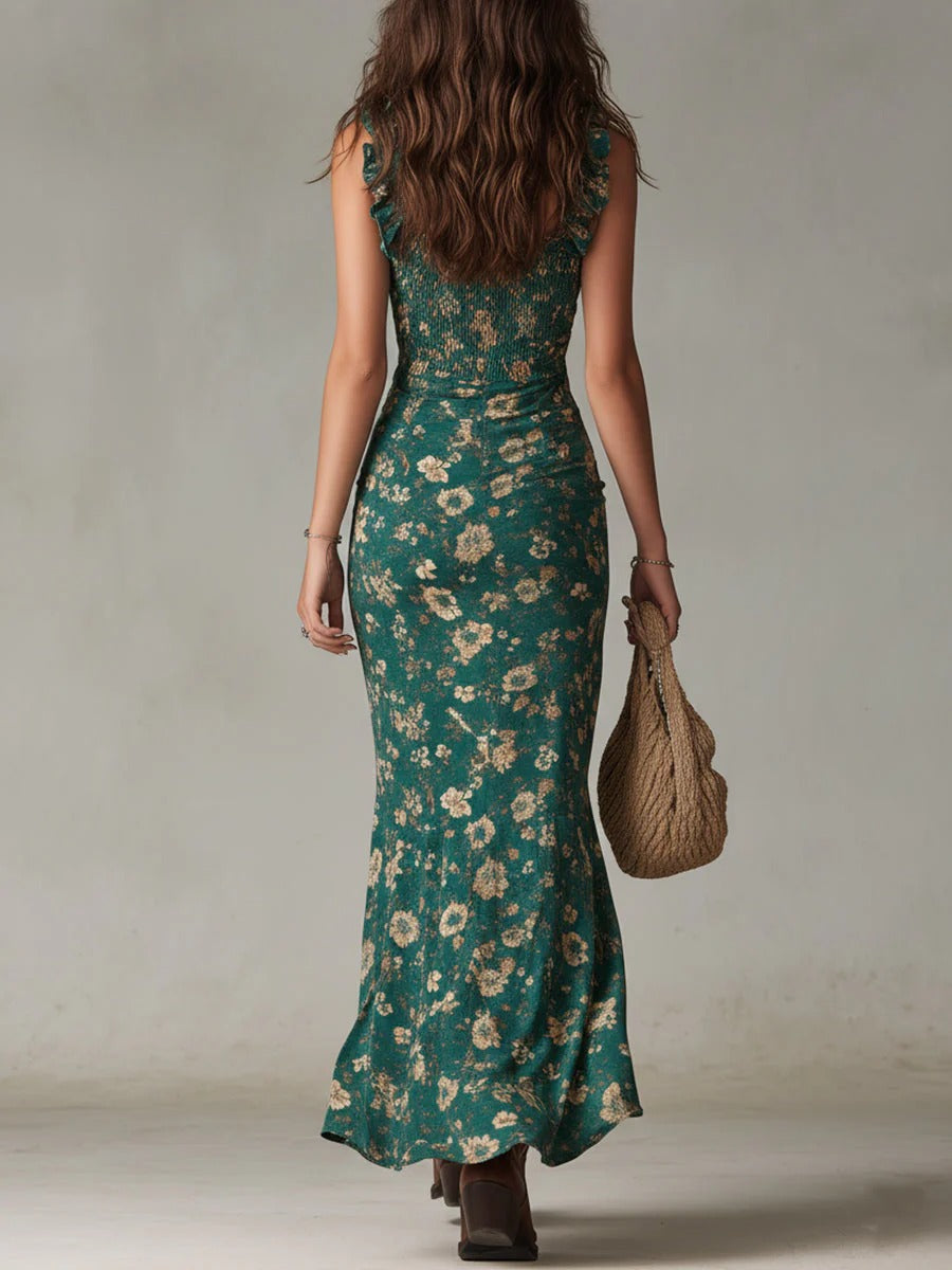 Lora | Vestido maxi boho retro con mangas fluidas y abertura lateral